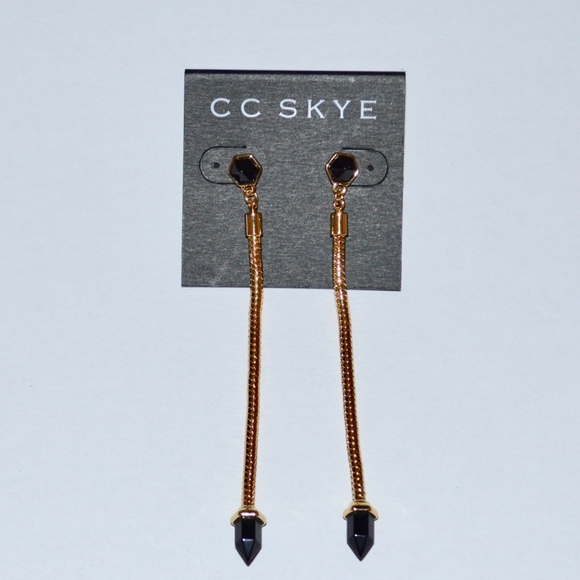NWT CC SKYE GOLD GEO BLACK ONYX DAGGER LONG GOLD CHAIN EARRINGS. - Picture 2 of 7
